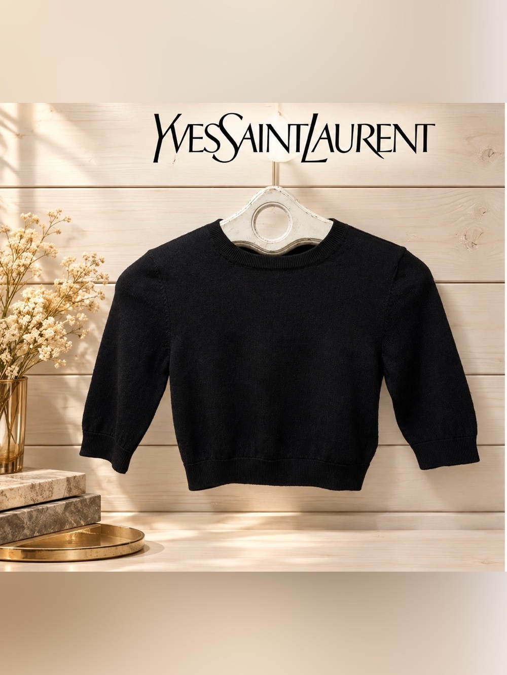 Yves Saint Laurent Paris Black Cropped 100% Wool Sweater – Size M